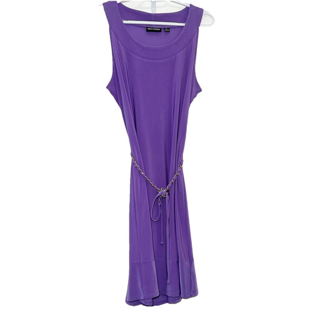 Nina Leonard Purple Dress XL Sleeveless Stretch Chain Waist Fit Flare - Picture 2 of 8
